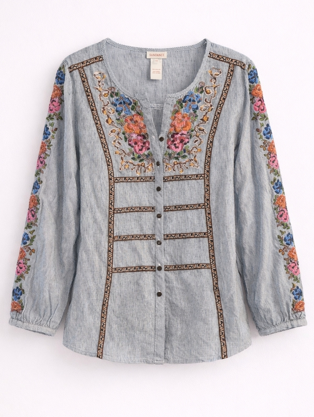 Sundance Meadowland Embroidered Blouse, XS,  Boho Floral Stripe Cottagecore